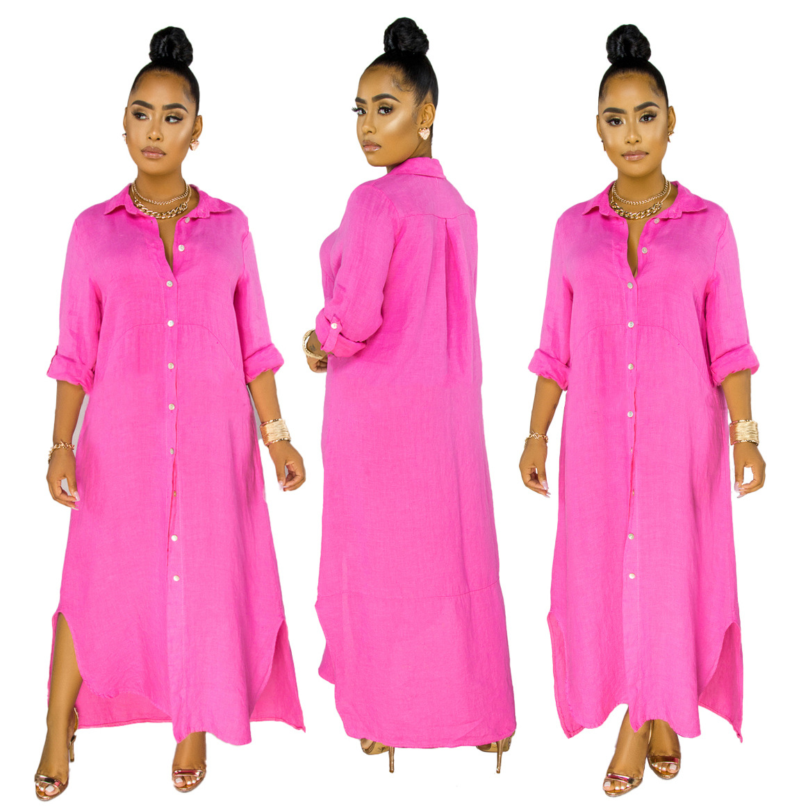 Fashion Solid Color Women's Clothing Shirt Dress Rose Red - Shop at LoveMi