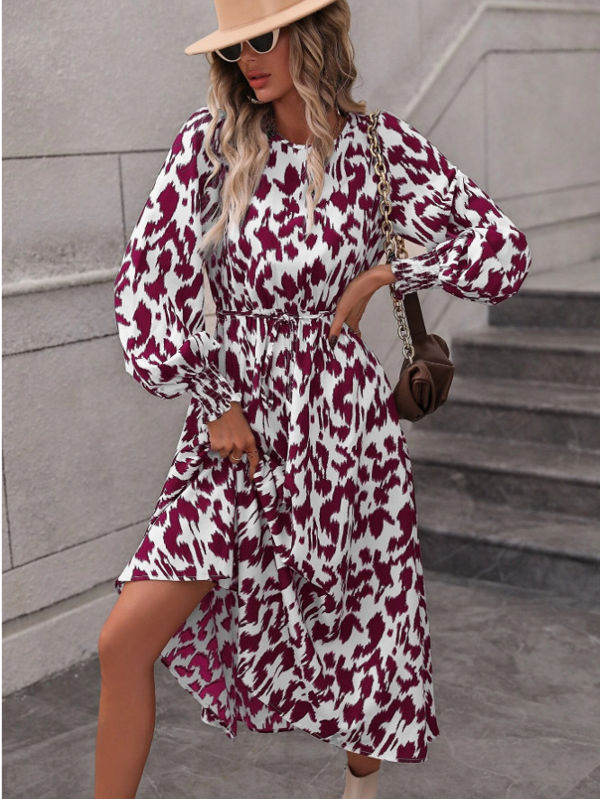 New Women's Leopard Print Tie Long Sleeve Flared Dress Leopard - Shop at LoveMi