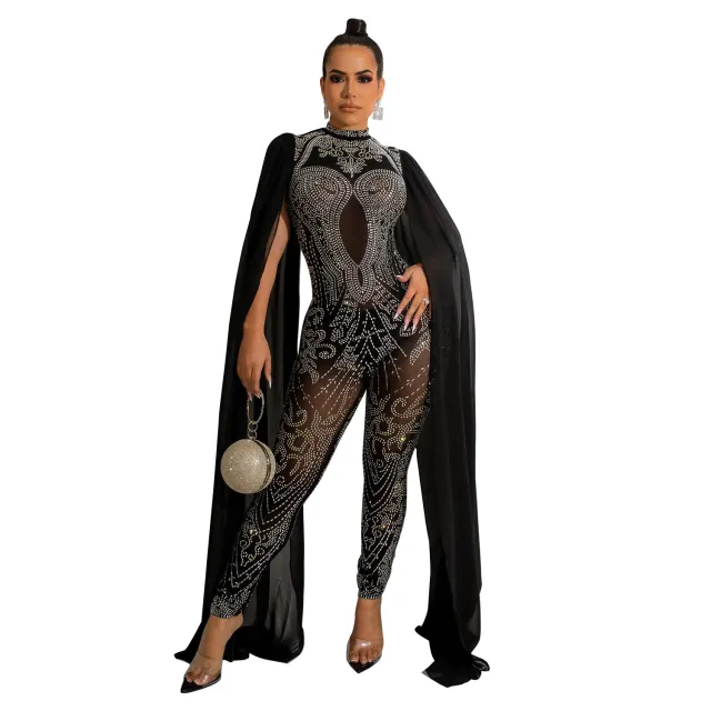 Autumn And Winter New Women's Sexy Mesh Rhinestone See through Nightclub Jumpsuit Black - Shop at LoveMi