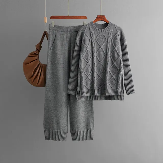Plus Size Women's Clothing Cable knit Pullover Sweater Suit Gray - Shop at LoveMi