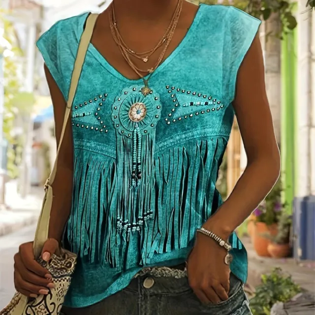 Vintage Printed Tassel Art Pattern V neck Vest T shirt For Women Picture Color L - Shop at LoveMi