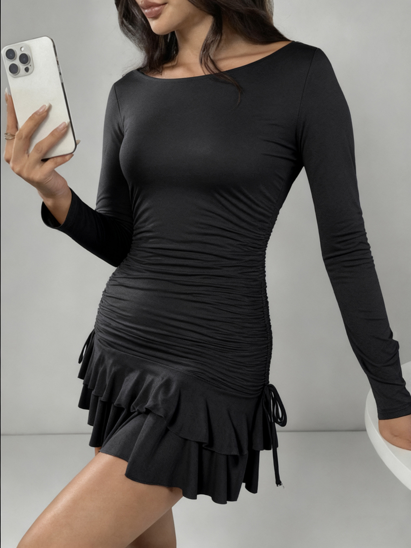 Women's Solid Color Long Sleeve Drawstring Fashion Short Dress Black - Shop at LoveMi