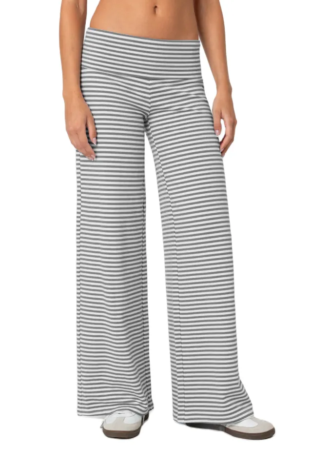 Cropped Striped Loose Trousers Autumn Sports Style Draped Casual Pants Gray - Shop at LoveMi