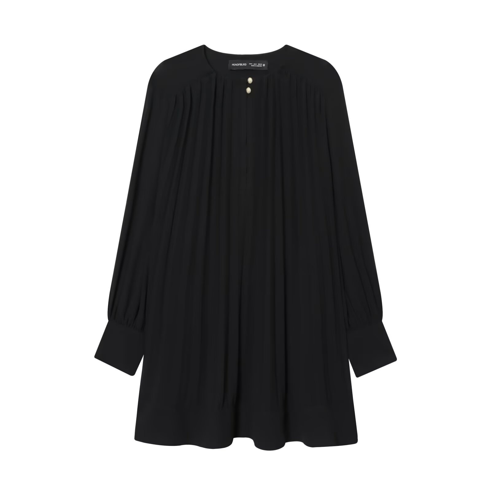 Loose-fit Puff-sleeve Round-neck Pleated Mini Dress