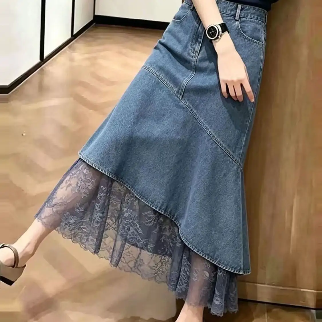 Blue Lace Panel Denim Skirt