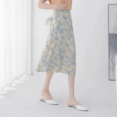 Floral Skirt High Waist Chiffon Printed Mid-length - Blue Back Elastic Waist - View 1