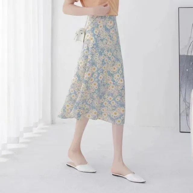 Floral Skirt High Waist Chiffon Printed Mid length Blue Back Elastic Waist - Shop at LoveMi