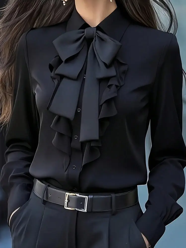Elegant Ruffle-Trimmed Shirt With A Flowing Bow Tie For Women