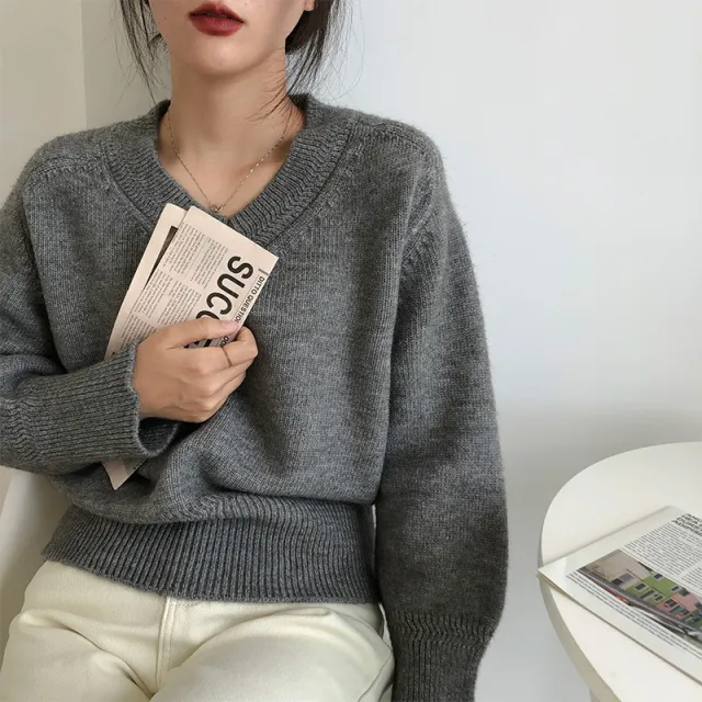 Winter Thermal Bottoming Shirt Solid Color Soft Glutinous V neck Sweater For Women Gray - Shop at LoveMi