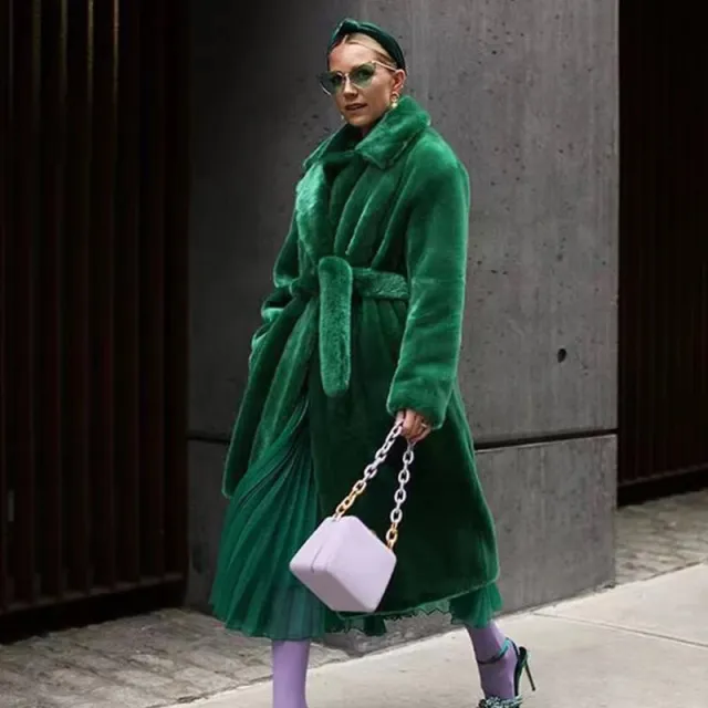 Artificial Fur Coat Suit Collar Cotton Coat Thickened Long Section Plush Trench Coat Green - Shop at LoveMi