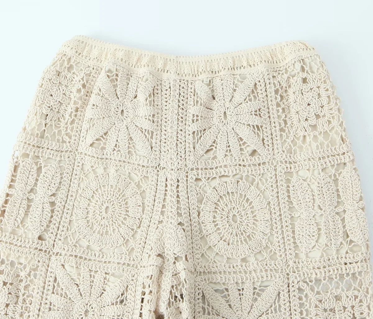Women's Fashion Three-dimensional Hollow-out Crocheted V-neck Knitted Cardigan Wide-leg Lace Pants