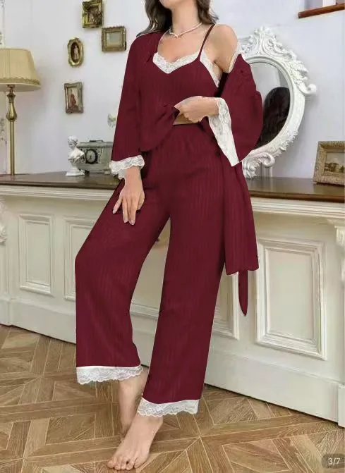 Women's Lace Trimmed Camisole Jacket And Cherry Print Trousers Three Piece Set Wine Red - Shop at LoveMi