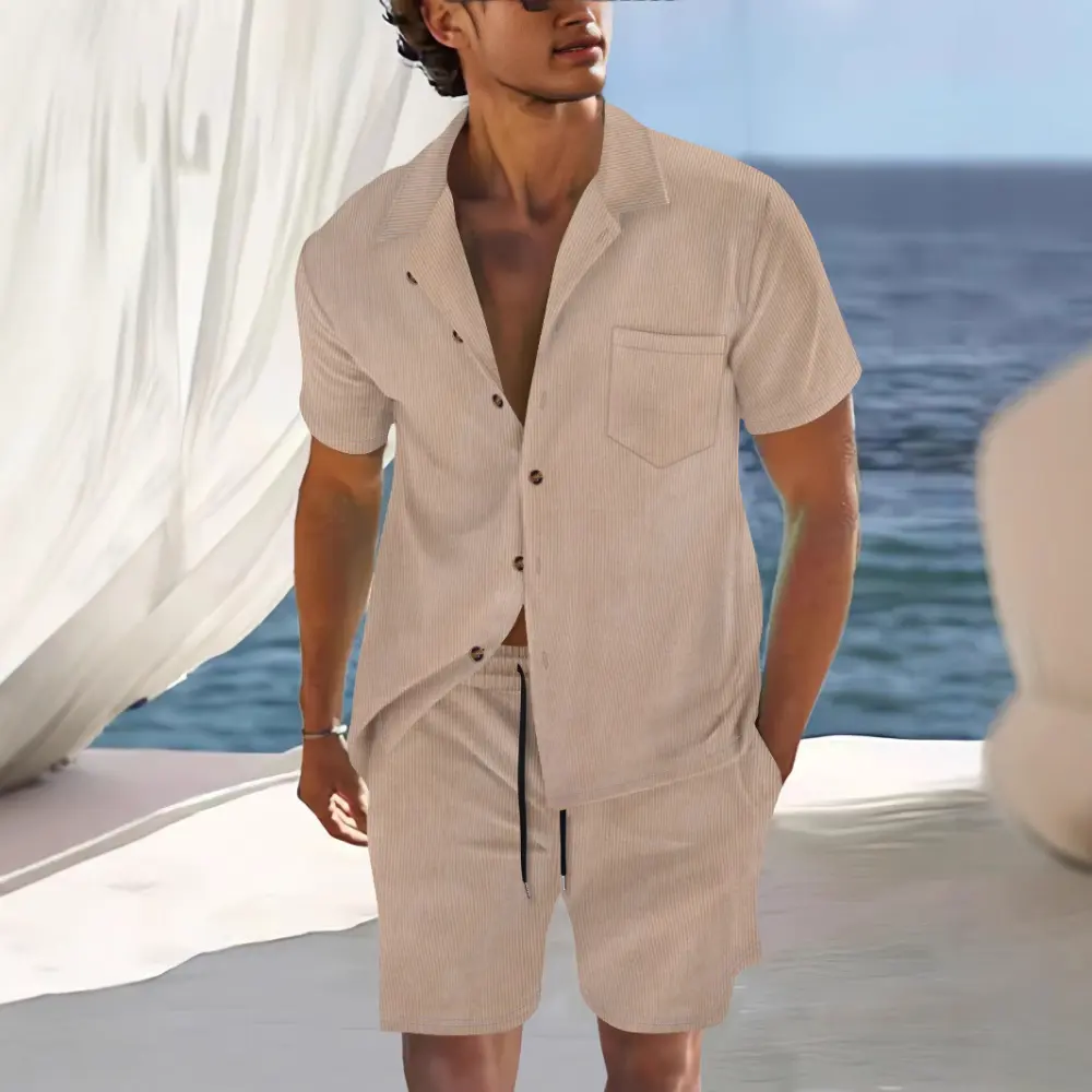 Men's Polyester Short Sleeve Cuban Collar Shirt Summer Suit