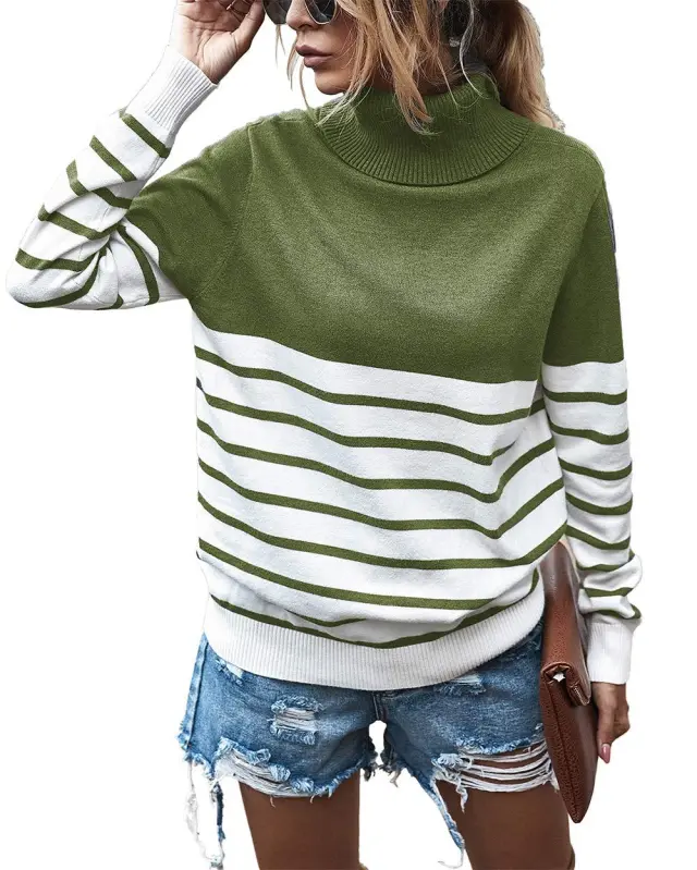 Women's Striped Color Matching Sweater Green - Shop at LoveMi