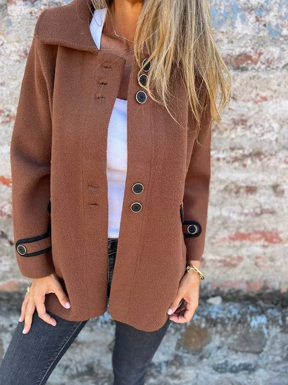 Solid Color Polo Collar Single breasted Long Sleeve Coat Brown - Shop at LoveMi