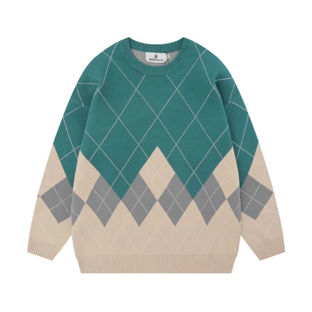 Rhombus Plaid Crew Neck Sweater For Women Blue - Shop at LoveMi