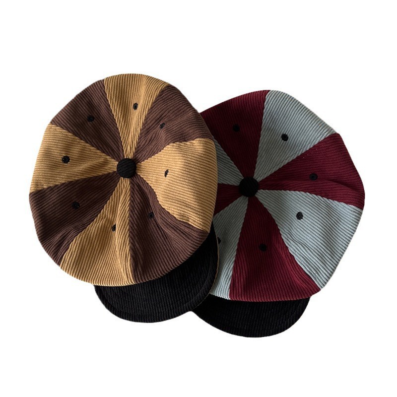 Japanese-style Retro Color Matching Corduroy Beret