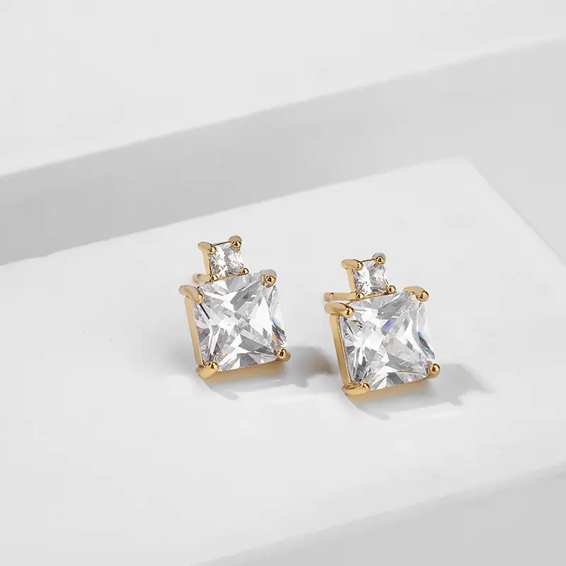 Colored Gems Blue Burst Geometric Square Zircon Earrings