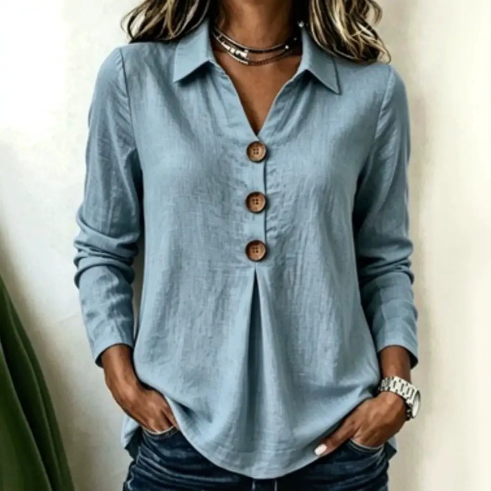 Womens Long-sleeve Solid-color Button-up Shirt