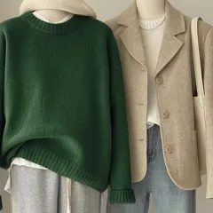 Retro Dark Green Sweater For Women Autumn And Winter Loose - Green - View 1