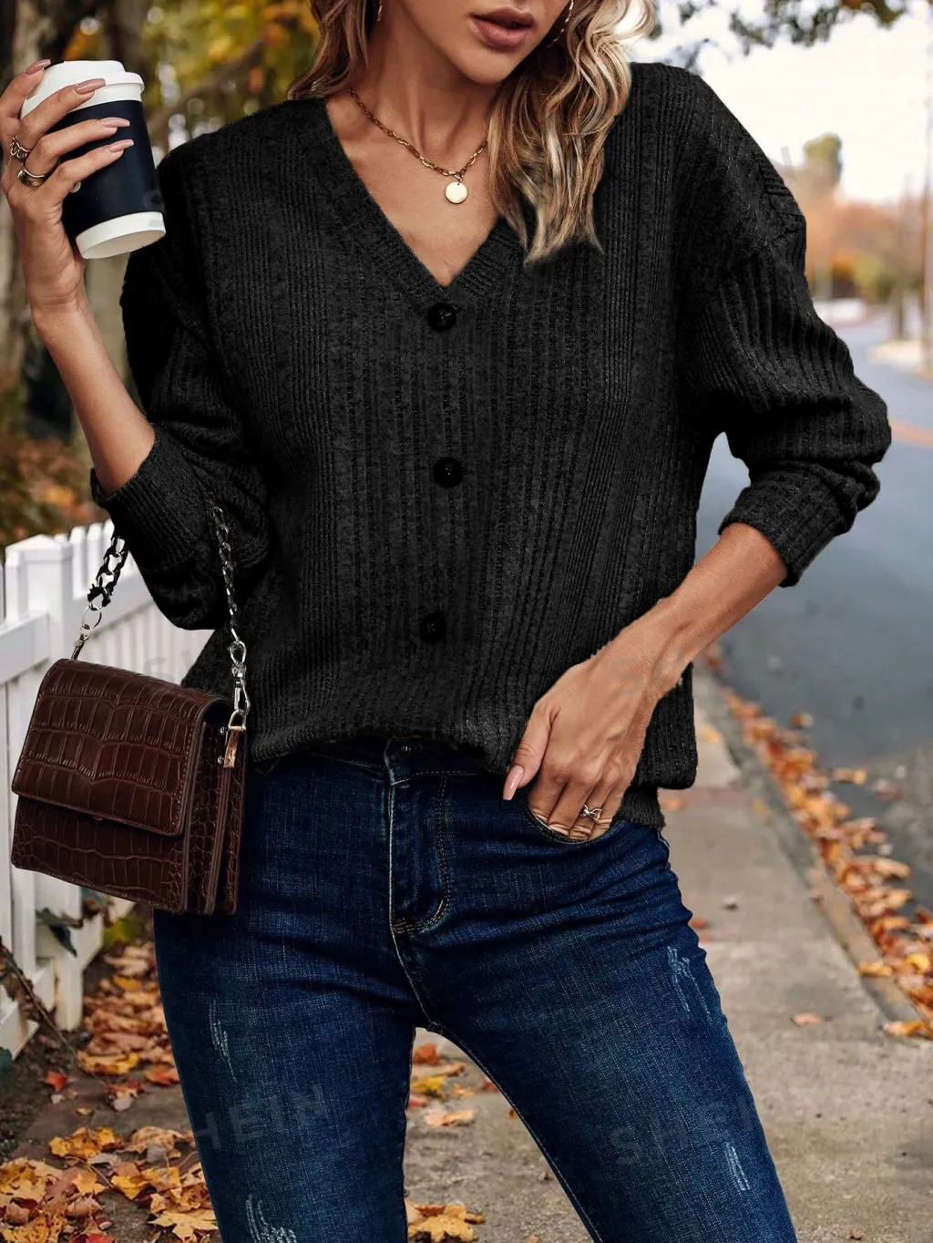 Women's Knitted Button Sweater Casual Long Sleeve Loose Top - Black