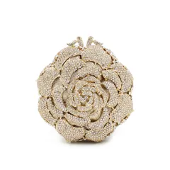 Women's Rose Rhinestone Bag Hollow Clutch - Gold - View 1