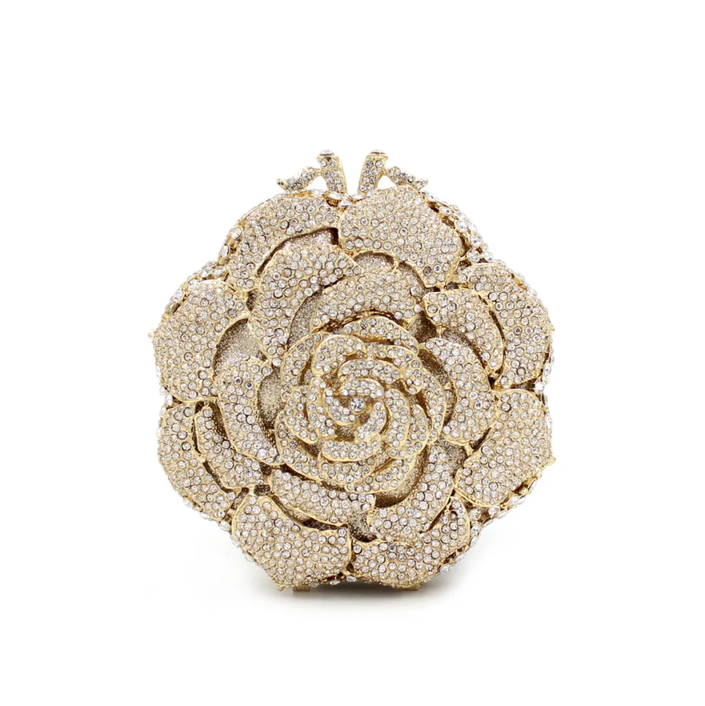 Women's Rose Rhinestone Bag Hollow Clutch - Gold