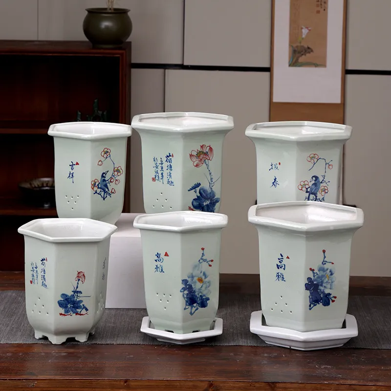 Hand Painted Flower Pot Ceramic With Tray Household