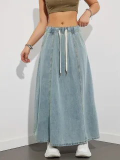 Retro High Waist Slimming Loose Denim Skirt - Light Blue - View 1