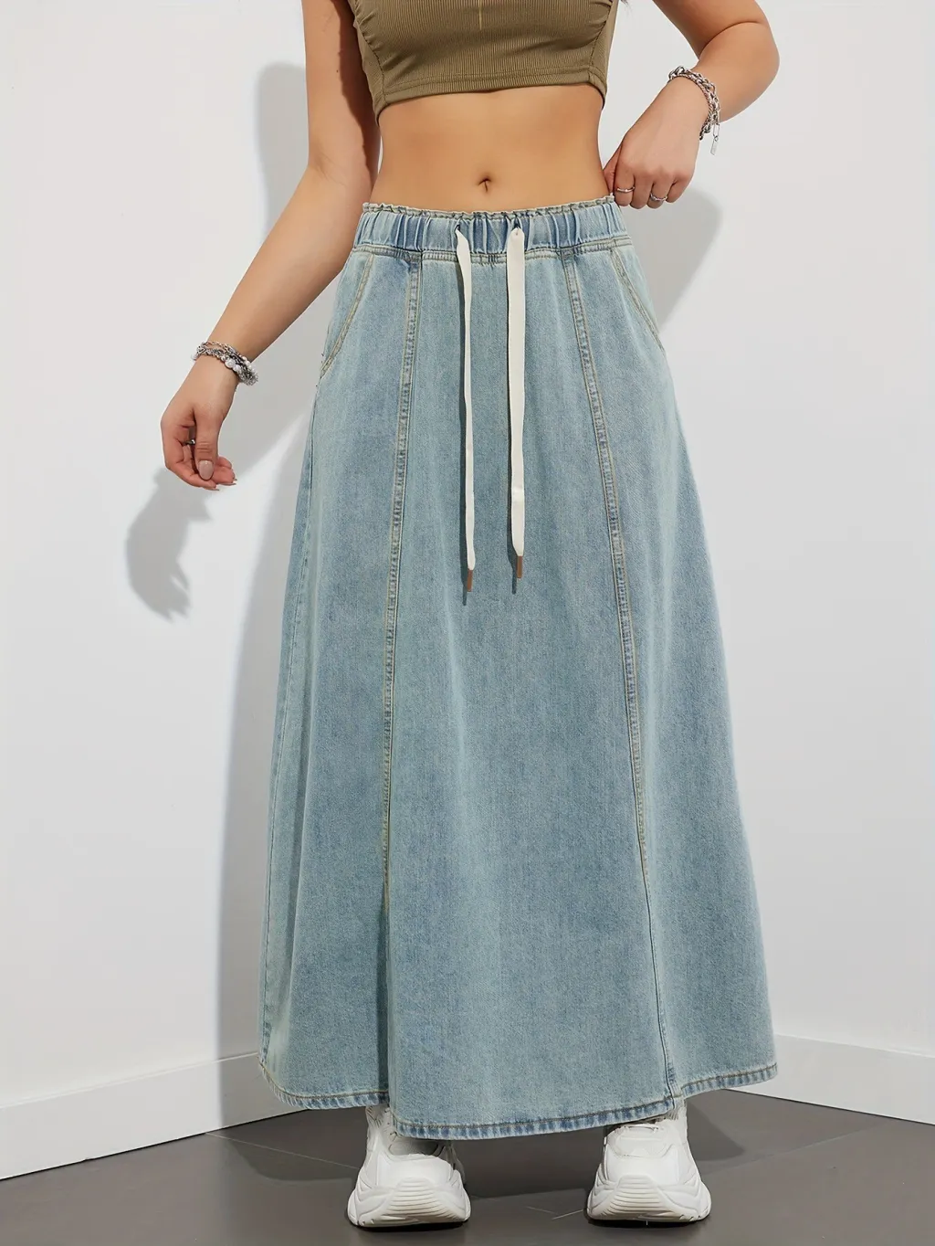 Retro High Waist Slimming Loose Denim Skirt - Light Blue