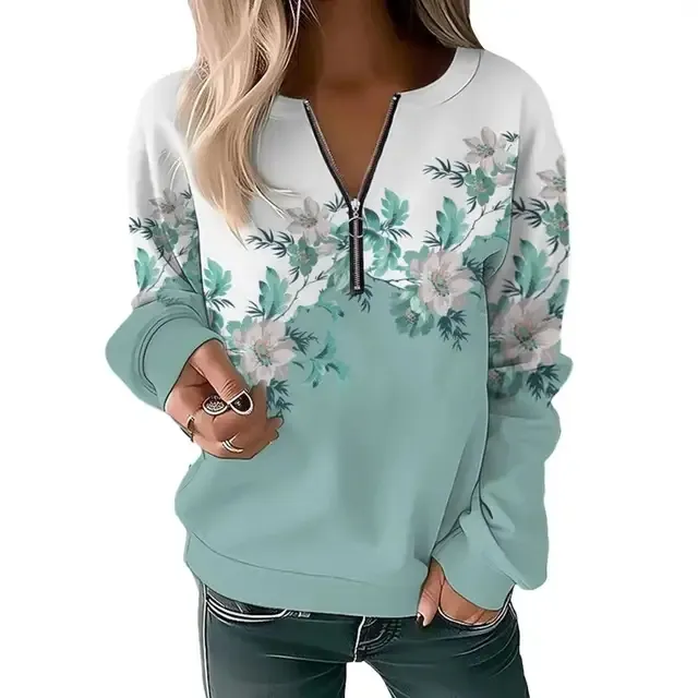 Women's Sweatshirt Zipper Pullover Casual Printed Sweater Emerald - Shop at LoveMi