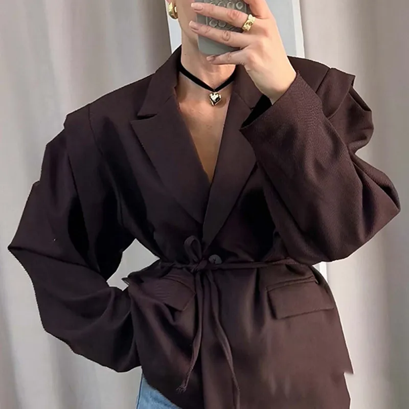 Thin Lace-up Loose All-matching V-neck Coat Women - 29782 Reddish Brown