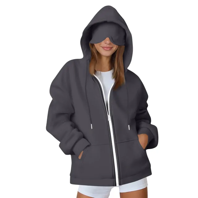 European And American Solid Color Women's Autumn And Winter Hooded Cardigan Zipper Sweater With Eye Mask Dark Gray - Shop at LoveMi