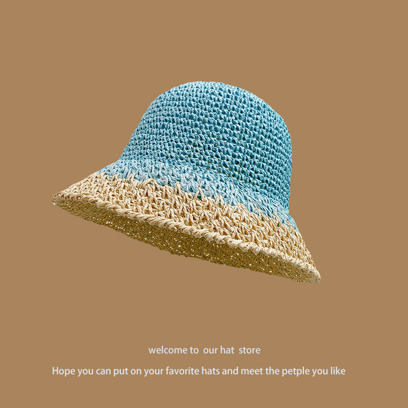 Blue Top Straw Hat Beige Edge