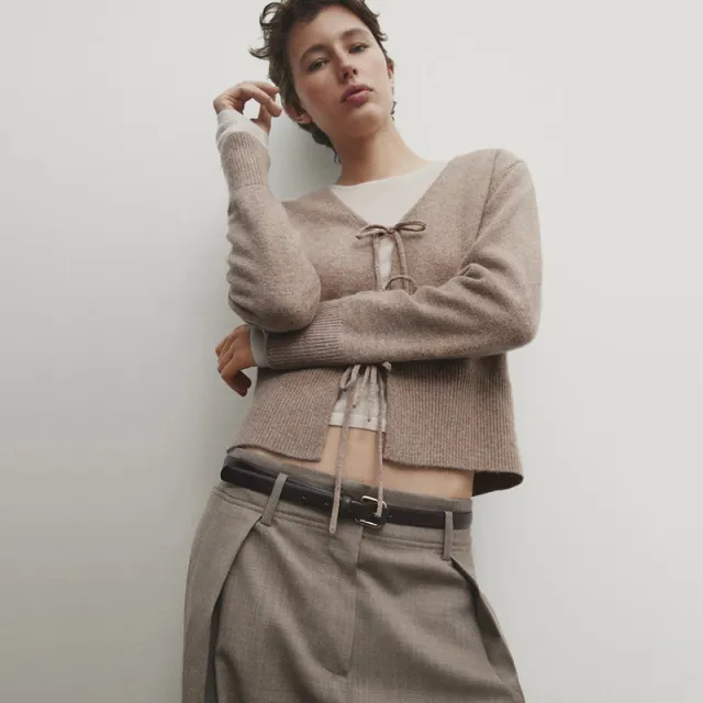 Solid Color And V neck Rope Casual Minimalist Long Sleeve Sweater For Women Gray - Shop at LoveMi