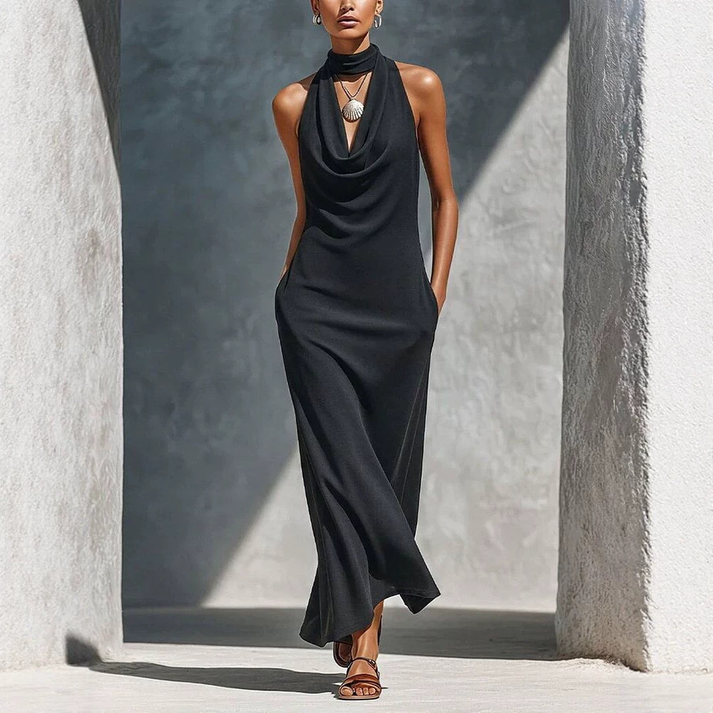 Womens Solid-Colored Sleeveless Elegant Waist-Cinching Halter Dress