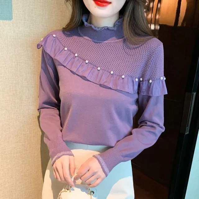 Women's Ruffled Stitching Half high Collar Long Sleeves Knitwear Purple - Shop at LoveMi