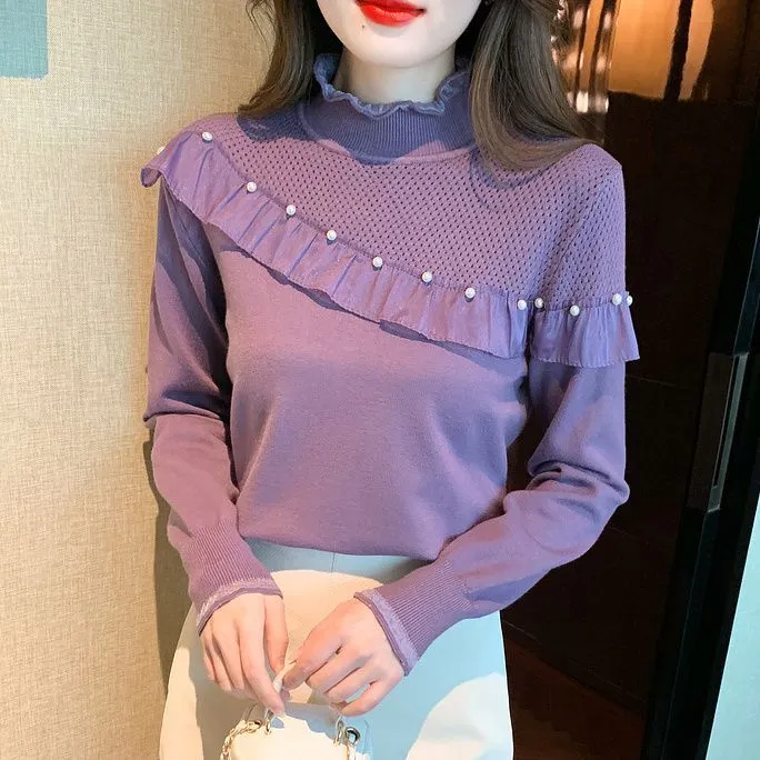 Women's Ruffled Stitching Half-high Collar Long Sleeves Knitwear - Purple