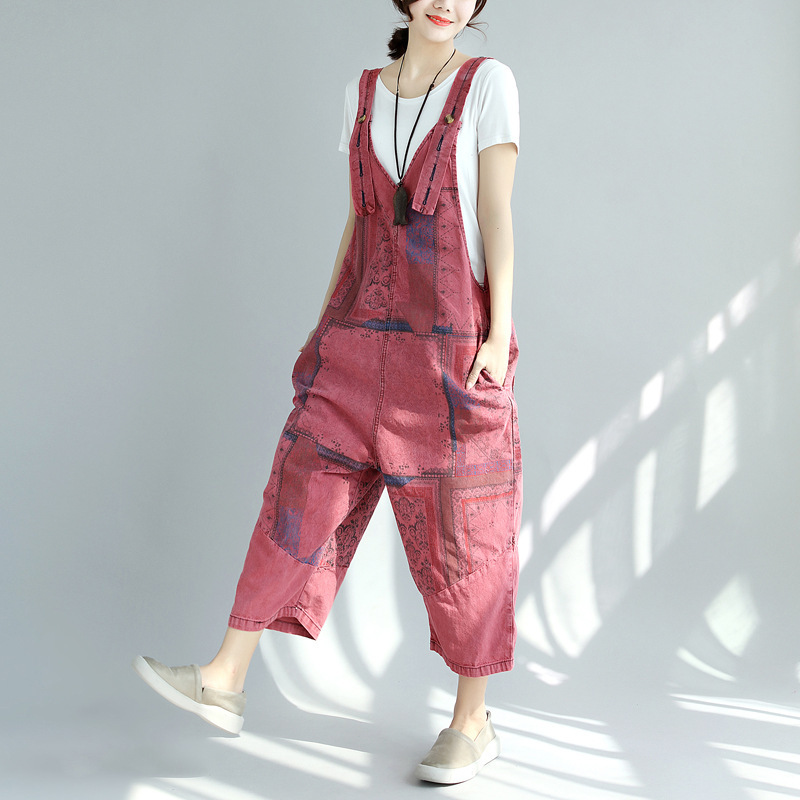 Printed Distressed Cropped Stitching Denim Suspender Pants Wine Red - Shop at LoveMi