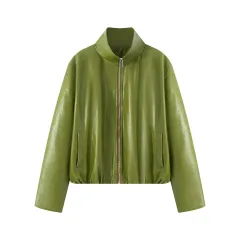 Retro Sexy PU Leather Jacket Strapless Dress Suit - Green Coat - View 1