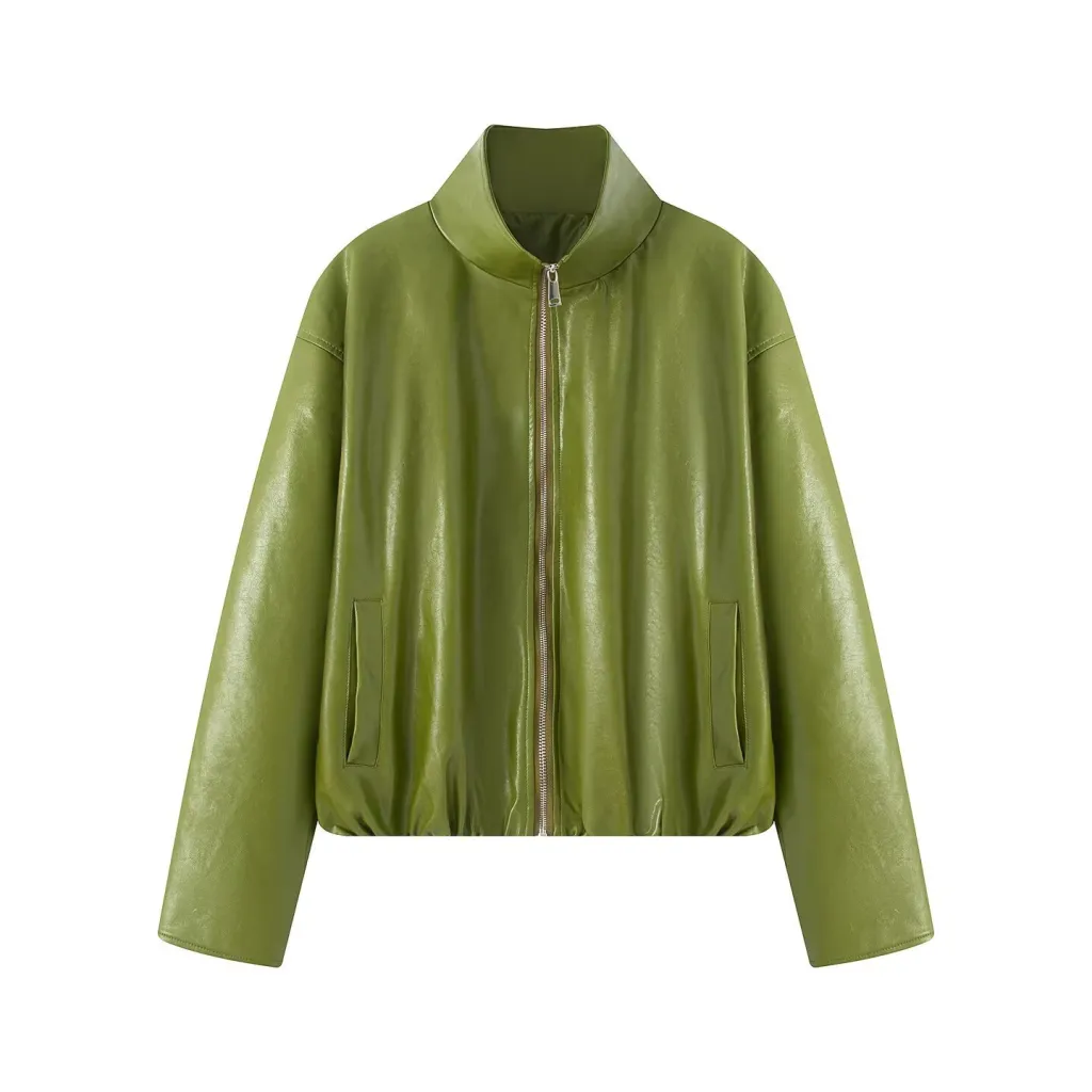 Retro Sexy PU Leather Jacket Strapless Dress Suit - Green Coat