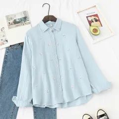 Japanese Double-layer Cotton Yarn Long Sleeves Lapel Embroidery Floral Shirt - Blue - View 1