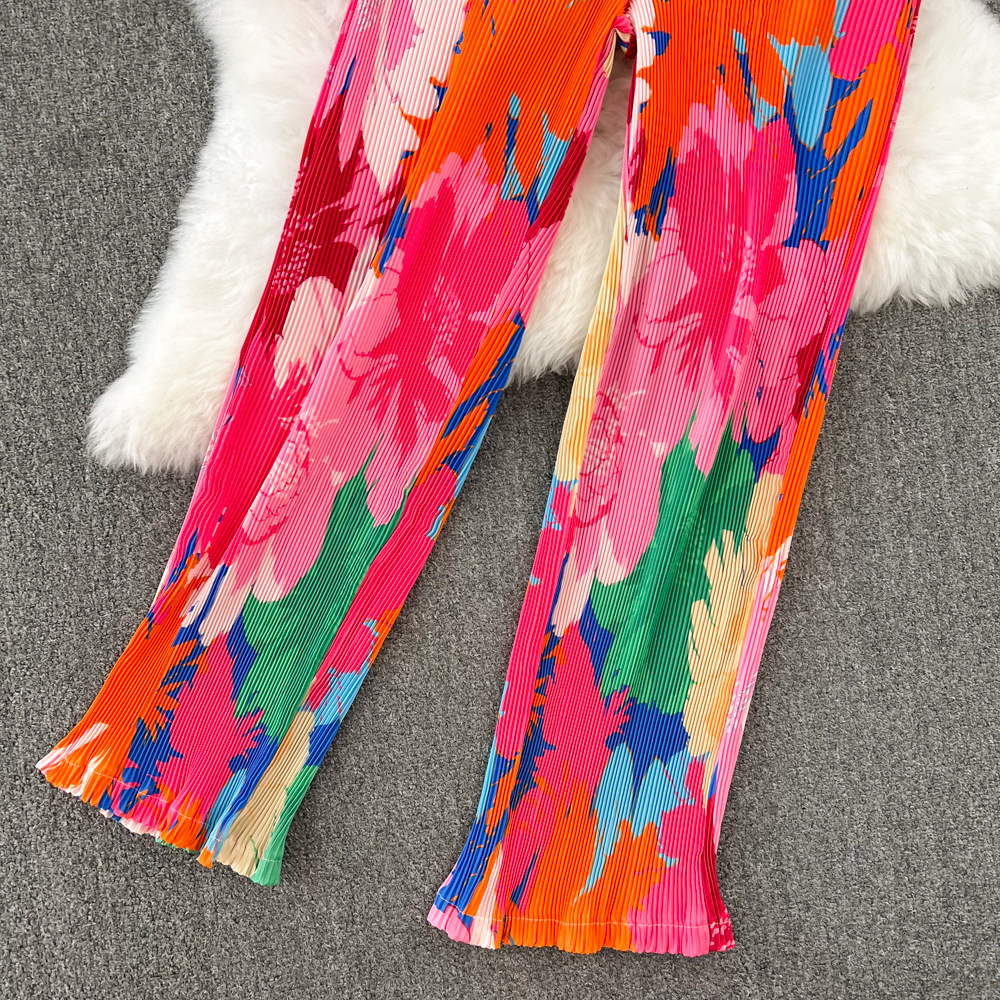 Loose Long-sleeved Single-breasted Shirt Two-piece High Waist Slimming Tie-dyed Printed Wide-leg Pants