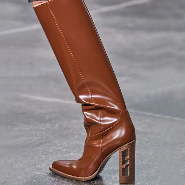 Square Toe Hollow out Chunky Heel Cowhide Commuter Long Fashion Boots Brown - Shop at LoveMi