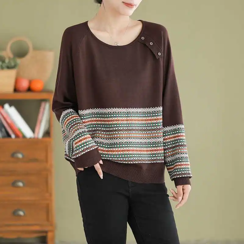Striped Jacquard Cotton Knitted Sweater For Women - Green