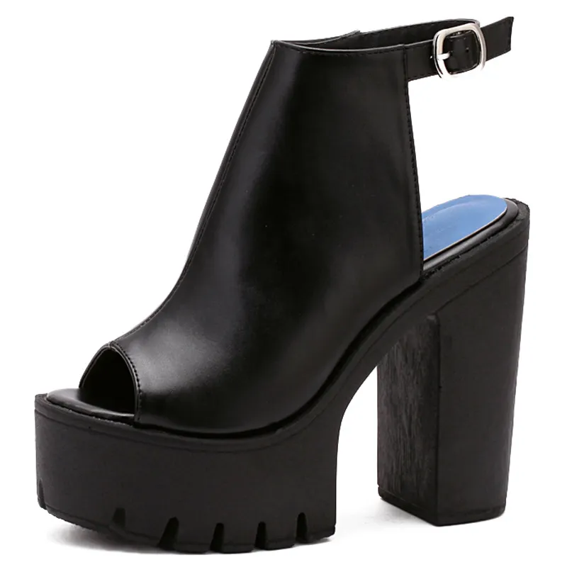 Peep Toe Sandals Chunky Heel High Heel Waterproof - Black