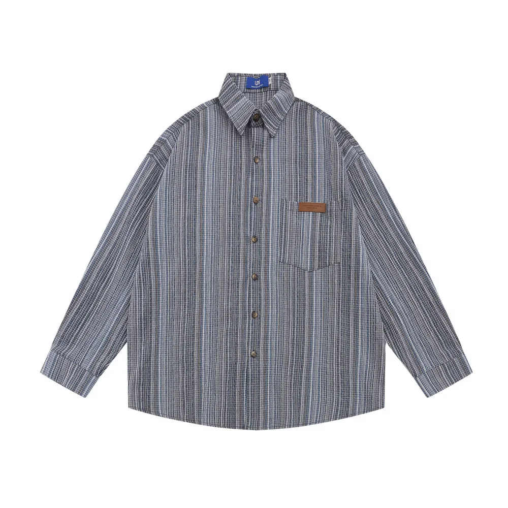 Retro Fine Plaid Striped Long Sleeve Shirt Loose Casual Japanese Workwear Tops - Blue