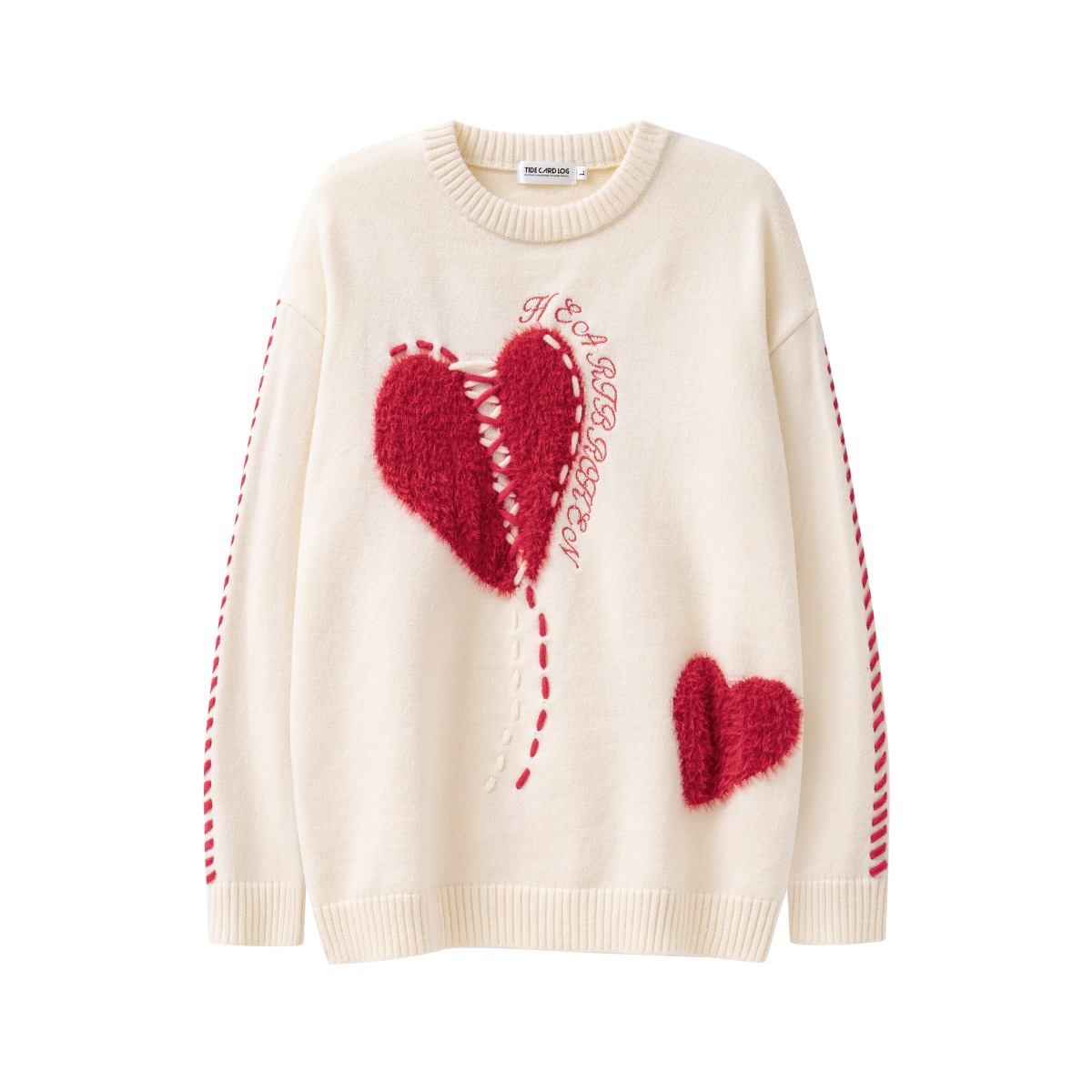 Street Love Embroidery Loose Round Neck Knitted Couple Sweater Apricot - Shop at LoveMi