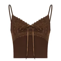 American-style Low-cut Solid Colour Stitched Backless Small Vest Women's Lace With Bow - Brown - View 1