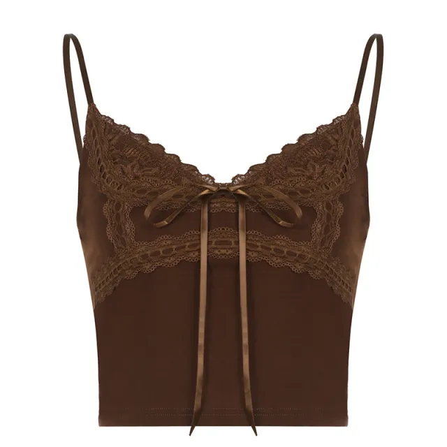 American style Low cut Solid Color Stitched Backless Small Vest Women's Lace With Bow Brown - Shop at LoveMi